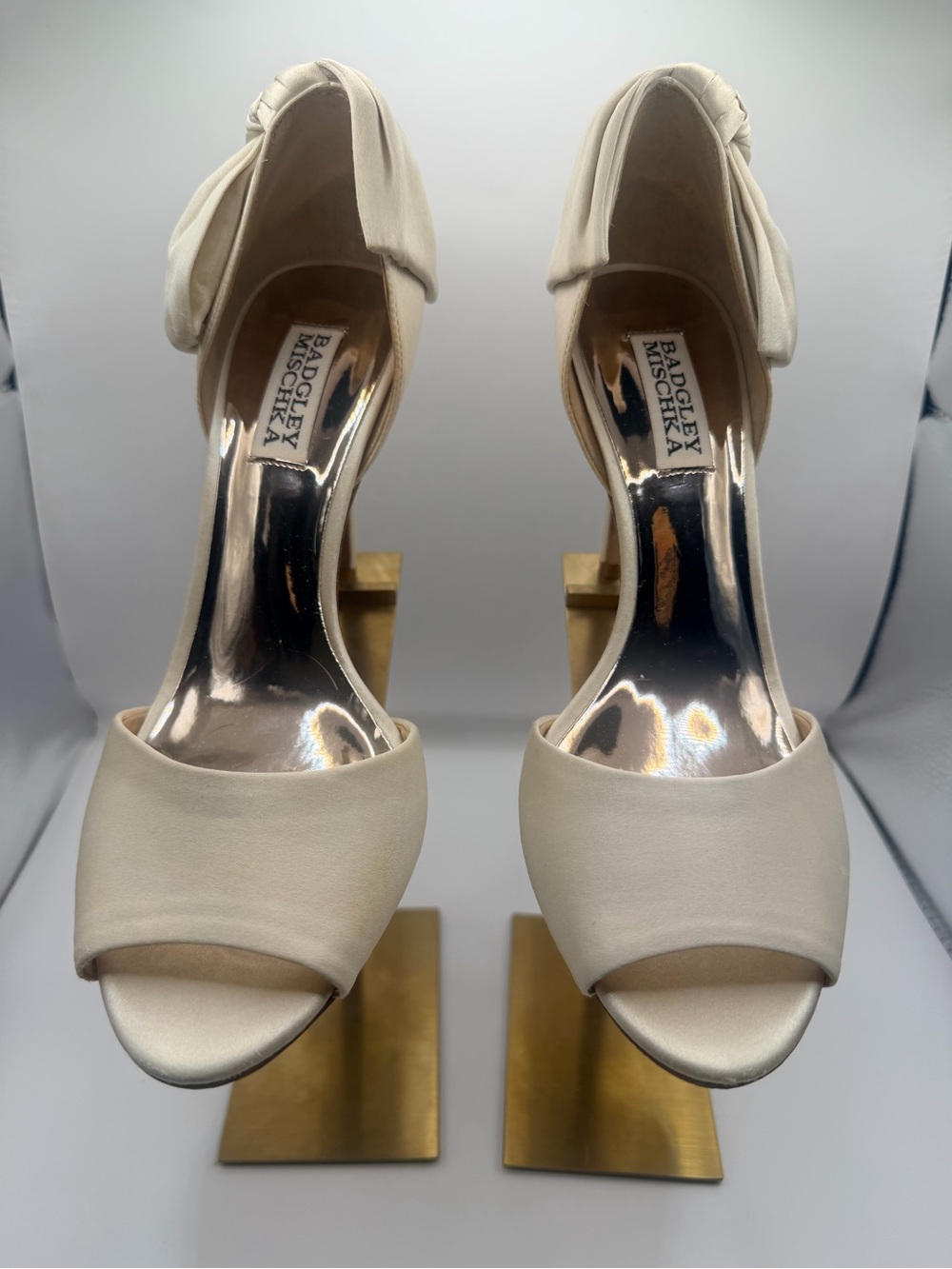 Badgley Mischka Ivory Satin Peep-Toe Ankle Strap Heels with Bow